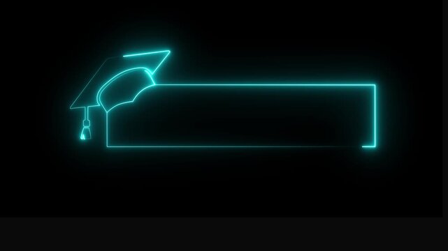 Glowing neon graduation cap and blank frame icon isolated on black background. Graduate college, high school or educational cap symbol.