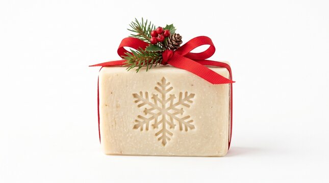 Bar of artisan soap with snowflake pattern and red ribbon christmas gift