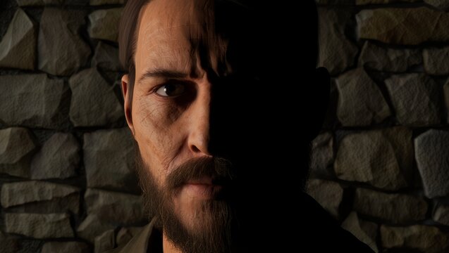 Man with Scarred Face and Beard in Dramatic Lighting