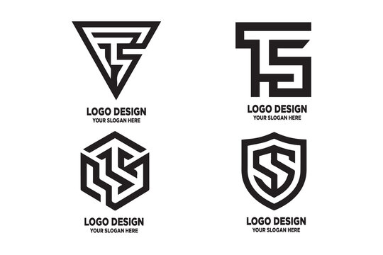 Monochrome vector logo design templates featuring abstract monogram initials TS within geometric shapes like triangle, hexagon, and shield