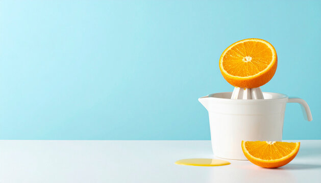 Fresh orange positioned with a manual citrus juicer photographed in soft natural light
