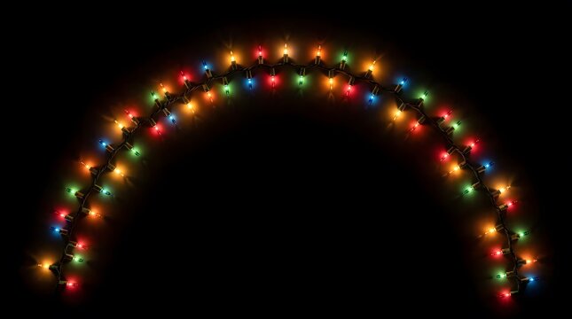 A beautifully festive archway constructed of vibrant colorful christmas lights shines brightly against a dark backdrop creating a welcoming holiday mood