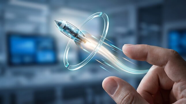3D render of futuristic small rocket ship launching from human fingers symbolizing business startup innovation and fast growth technology concept for digital marketing assets