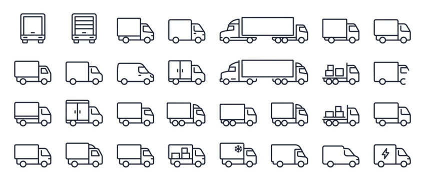 Trucks delivery vehicles icon set. Various transportation vehicles icons isolated on white background. Semi-trucks, delivery vans, pickup trucks, box trucks. Minimalist line art for logos, branding,.