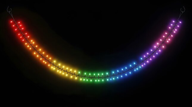 A brilliant and colorful rainbow arc of radiant glowing lights extends across a completely dark backdrop forming a stunning abstract visual experience