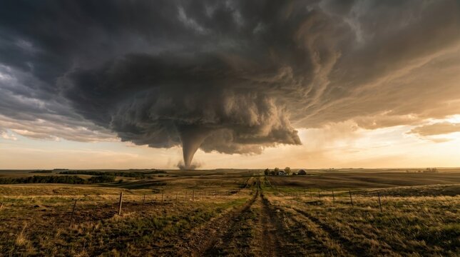 Massive funnel cloud tornado descending from a supercell storm over a rural prairie landscape with a dirt track and farmhouse under a dramatic dark sky at sunset in the Great Plains.