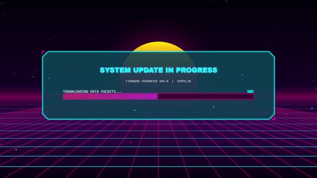 System update progress bar on retro synthwave background animation