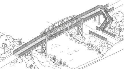 Elevated Pedestrian Bridge Sketch with Isometric Perspective for Urban Planning © juli
