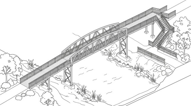 Elevated Pedestrian Bridge Sketch with Isometric Perspective for Urban Planning