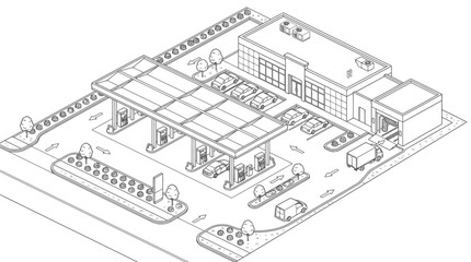 Fototapeta premium Isometric Diagram of Multi Level Parking Garage with Fuel Stations and Traffic Flow