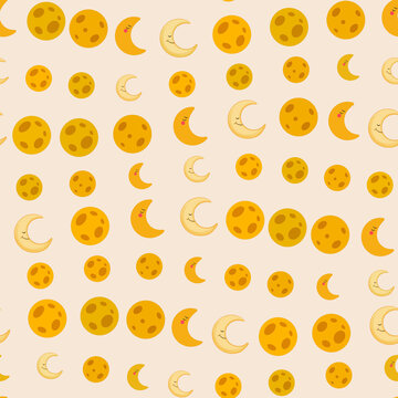 Seamless pattern of cartoon moons and planets