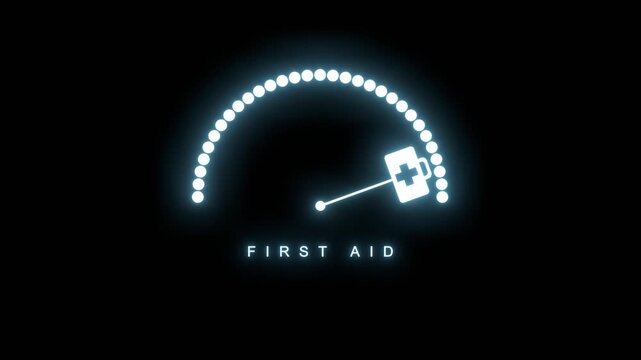 A neon gauge meter with a dotted scale and a first aid kit icon on the needle, labeled first aid, symbolizing medical help and emergency readiness.