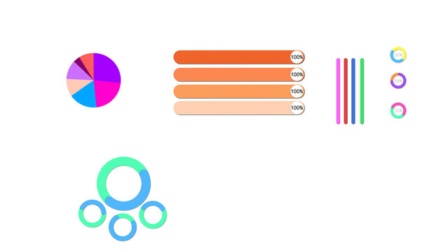 Minimal analytics dashboard interface, Colorful analytics dashboard interface with pie chart, progress bars, vertical chart, and circular data widgets on white cards against a transparent background.