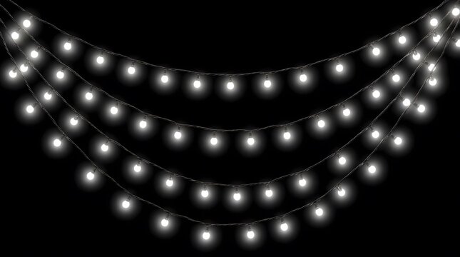 Beautiful delicate strings of softly glowing fairy lights are elegantly draped against a completely dark background creating a truly magical and enchanting atmosphere