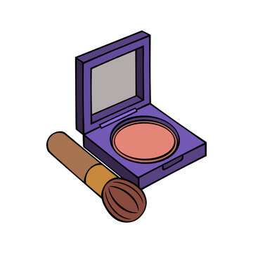 Isometric makeup compact case with mirror and cosmetic brush vector illustration for beauty and fashion design projects