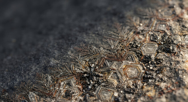 Closeup of intricate hexagonal crystalline mineral formations on dark rock surface