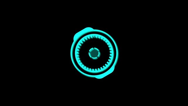 Futuristic HUD camera lens with cyan rotating rings and dashed circles, sci-fi viewfinder interface animation on black background, seamless loop in 4K