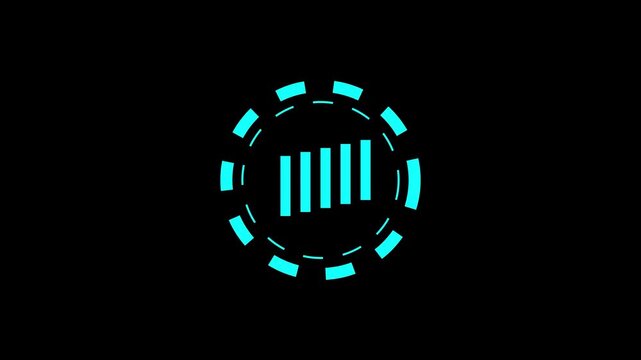 Cyan glowing dashed ring loading animation with rotating circles and bouncing bars, futuristic HUD loader on black background, seamless loop in 4K