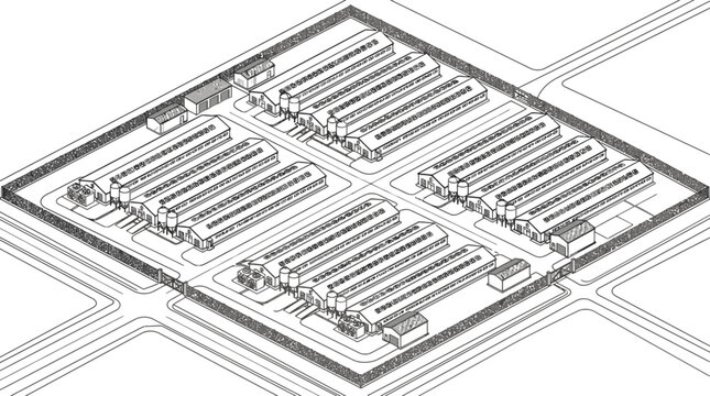 Isometric Warehouse Layout with Parallel Parking and Logistics Buildings