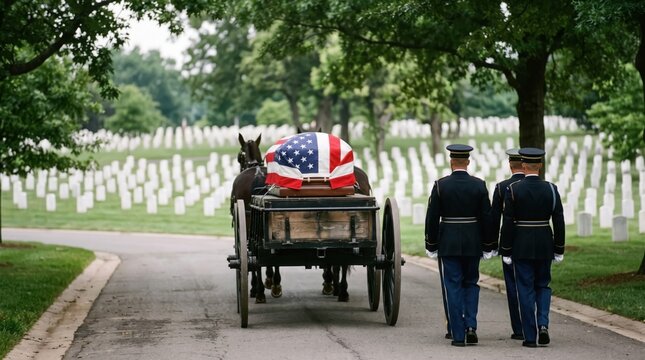 Flag-draped ceremonial casket passing on a caisson through rows of headstones