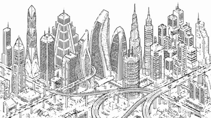 Obraz premium Skyline Line Art of Futuristic Megacity with Iconic Skyscrapers and Elevated Roads