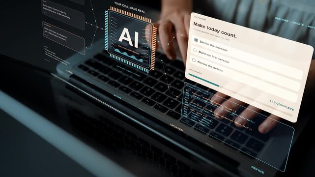 Hands type on a laptop. A planning application serves as an example of conversational software creation, where AI-generated code and interface feedback support continued refinement.