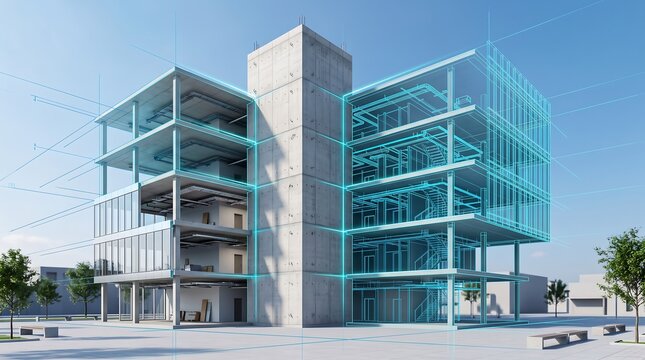Sectional view of modern office building structure with blue glowing wireframe digital overlay showing interior levels and structural engineering design for architectural planning