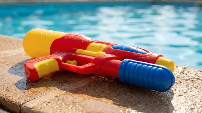 Colorful plastic water gun resting on wet pool edge with blurred blue water background, ideal for summer play and recreation.