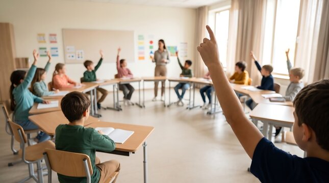 Group of elementary students sitting in semi-circle classroom layout raising hands to ask questions during interactive school lesson with teacher standing at front of room