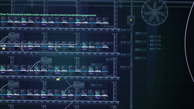 2D animation of a click farm rack with hundreds of mobile phones executing synchronized simulated engagements for astroturfing and manipulating digital consensus with explanatory text overlays