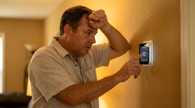 Frustration with the Thermostat: A man expresses his exasperation while adjusting a smart thermostat, perhaps struggling with home climate control or an unexpected expense.