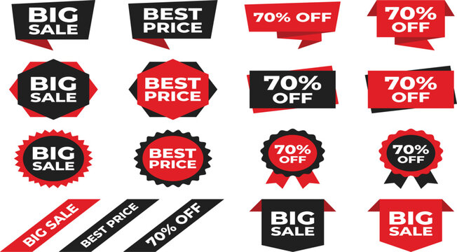 Red and black commercial sale tags collection with technological ribbons and round price stickers