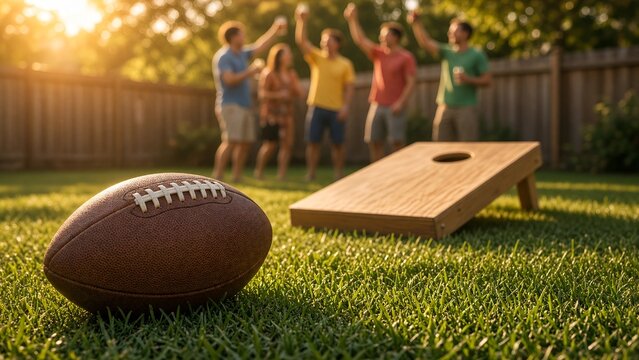 Football and Cornhole Game on Backyard Lawn During Tailgate Party with Friends