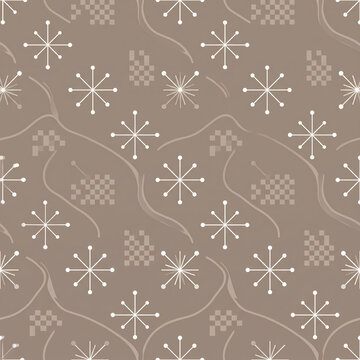 Minimalist atomic starbursts checkered squares and flowing waves on warm taupe seamless pattern background for branding
