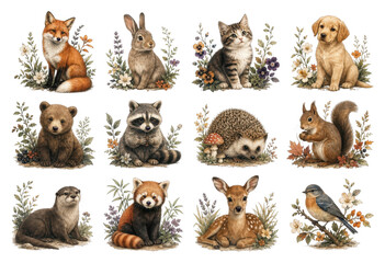 Fototapeta premium PNG clipart collection of woodland animals, gender-neutral, on a transparent background.