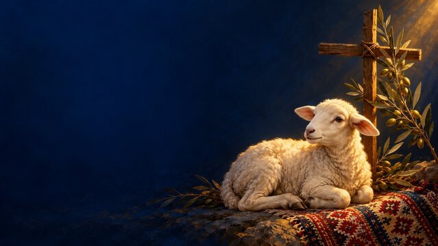Peaceful lamb of god resting beside wooden cross and olive branch symbol of saint john the baptist witness under warm light