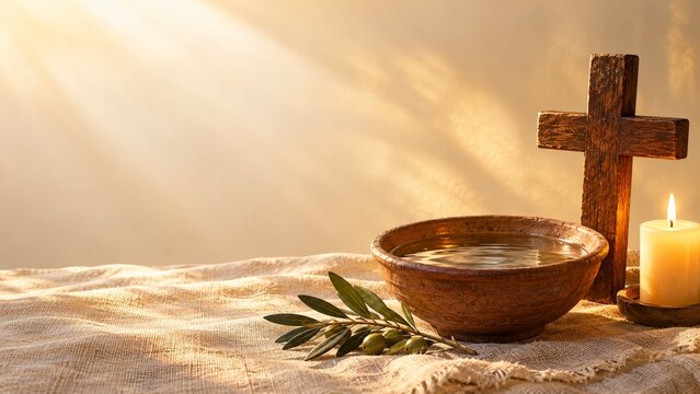 Synaxis of St John the Baptist background with holy water bowl wooden cross burning candle and olive branch under divine sunlight