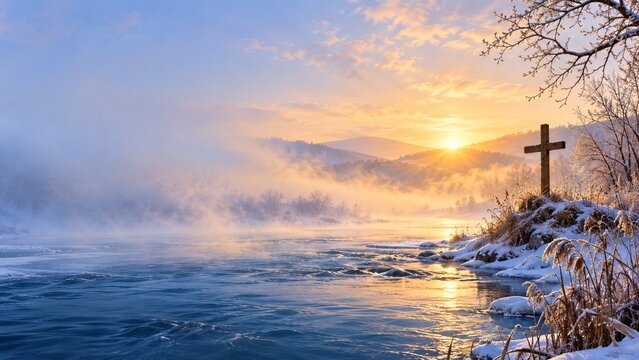 Winter baptism river at sunrise with cross on snow hill for saint john the baptist celebration background