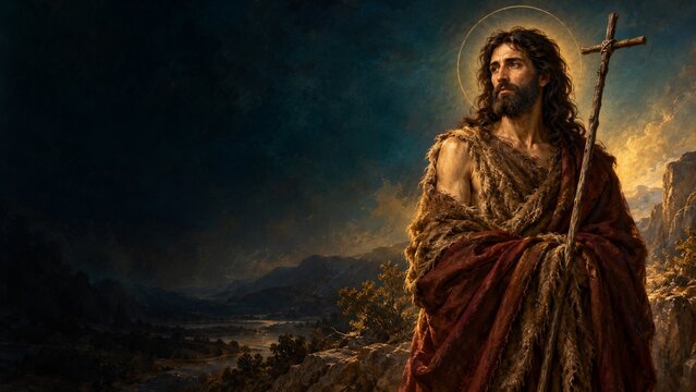 Saint John the Baptist standing in wilderness holding reed cross under dramatic teal and amber sky for synaxis feast