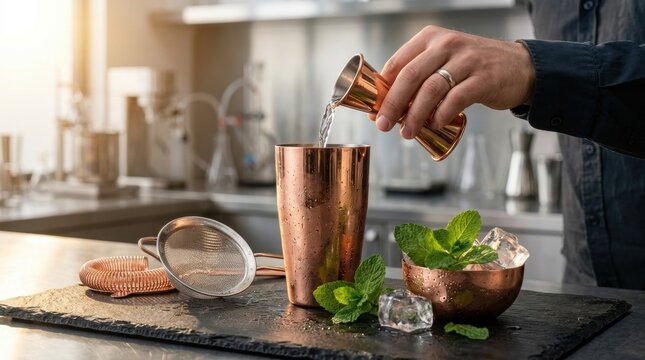 Close-up of a bartender pouring liquid from a copper jigger into a copper cocktail shaker on a slate board with fresh mint leaves, ice cubes, and metal bar strainers in a kitchen.