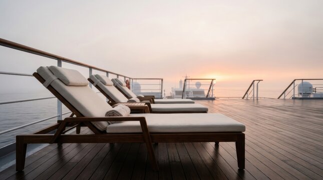 Row of empty wooden sun loungers with white cushions on a luxury cruise ship deck at sunrise, overlooking a misty ocean with a golden sky and railing in the background.