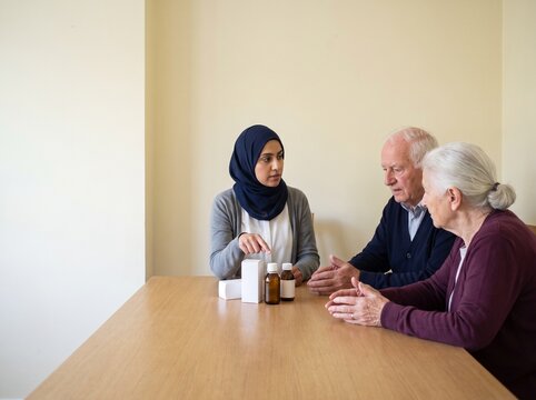 Pharmacist Explaining Medicines to a Senior Couple at Home