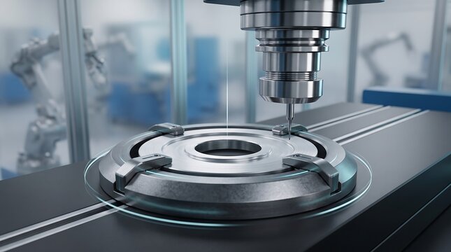 Advanced automated CNC machine finishing a circular metallic component with high precision tools and glowing digital light markers in a clean modern industrial manufacturing workshop