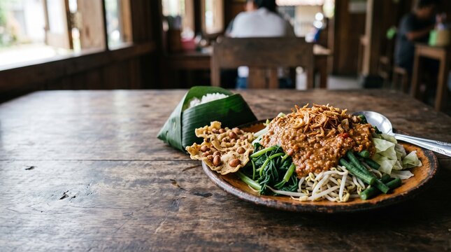 Traditional Indonesian Gado Gado salad served on a wooden table with steamed rice wrapped in banana leaf.