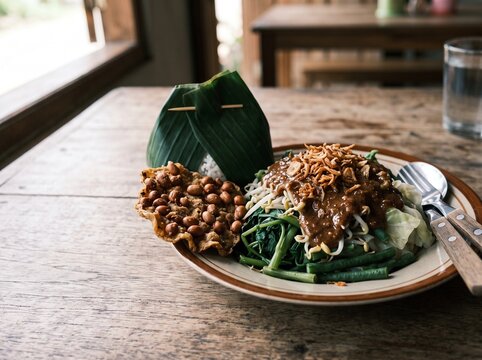Traditional Indonesian Gado Gado salad served on a wooden table with peanut sauce.