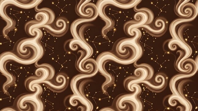 Elegant Brown and Cream Swirl Pattern with Golden Constellations