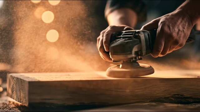 Craftsman sanding wooden surface in workshop with precision tool