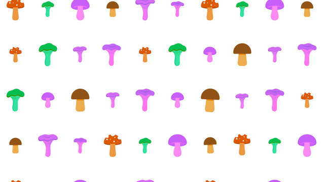 Seamless pattern of cartoon mushrooms in various colors
