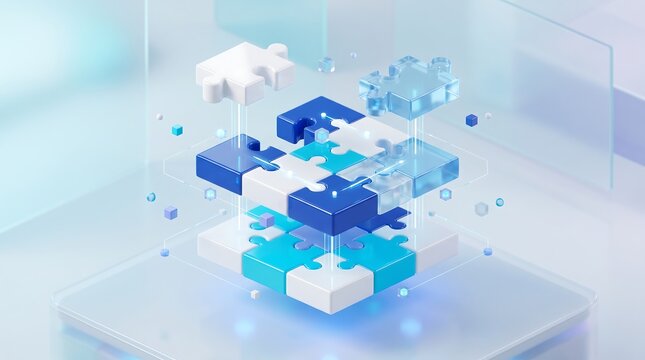 Abstract 3D concept of modular puzzle pieces floating in digital space representing business growth and system integration with glowing light connections and technical precision