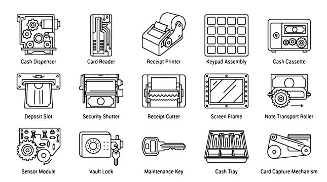 ATM machine parts vector icon set, black and white outline ATM hardware components and modules